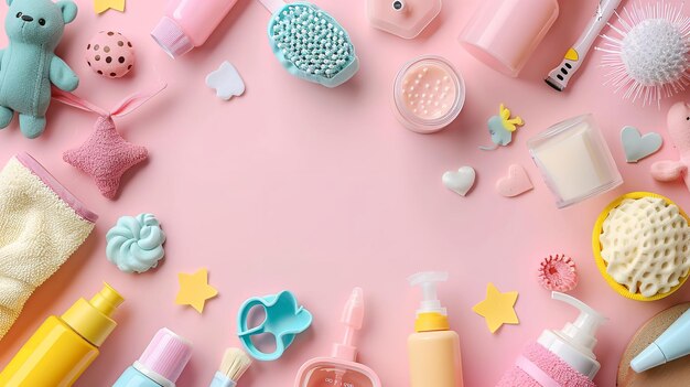 Zbliżony ujęcie różnorodnych produktów do pielęgnacji niemowląt ułożonych na różowym tle z dużą przestrzenią dla tekstu lub reklamy produktu tło Generatywne AI