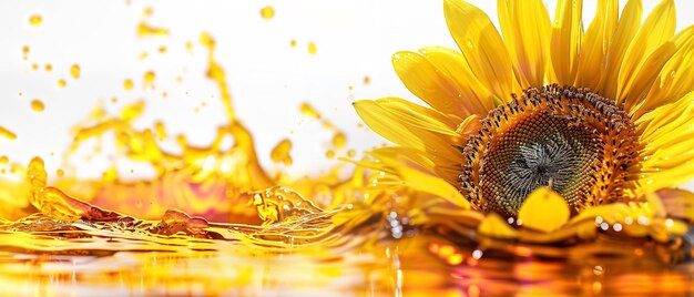 Zdjęcie zbliżony ujęcie rozpryskiwania oleju słonecznika z nasionami słoneczników na czystym białym tle z dużą przestrzenią dla tekstu lub produktu generatywna sztuczna inteligencja