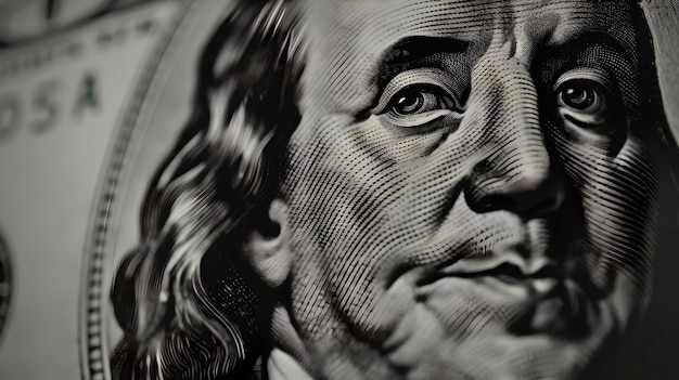 Zdjęcie zbliżony widok benjamina franklina na banknocie sto dolarów koncepcja pieniądza i finansów reprezentacja waluty i gospodarki szczegółowy portret fotografia czarno-biała ai