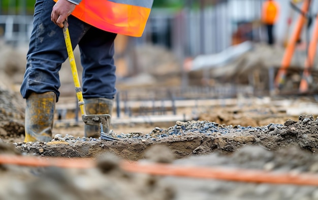 Zbliżony widok inżyniera geodety używającego narzędzia pomiarowego na placu budowy Generatywna sztuczna inteligencja