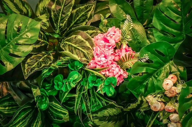 Zbliżony widok na naturę różowego kwiatu na zielonym tle liściarskim Ściana roślin kwiatowychNatura Błyszczące liście Tekstura liści tropikalnych naturalne tło tapeta tekstura liści dekoracja kwiatowa
