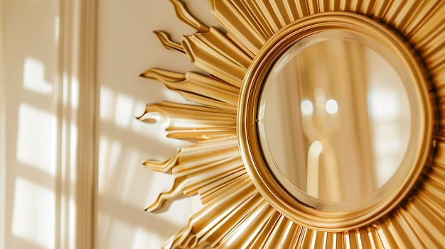 Zdjęcie zbliżony widok pięknego nowoczesnego okrągłego lustra w złotym ramie słonecznym na ścianie w domu generative ai