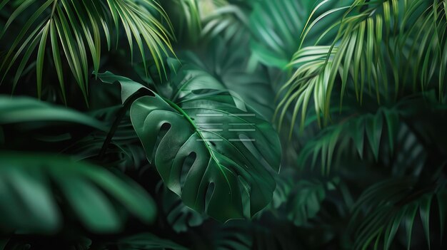 Zbliżony widok przyrody zielonych liści i palm na tle Płaskie położenie ciemna koncepcja przyrody tropikalny liść