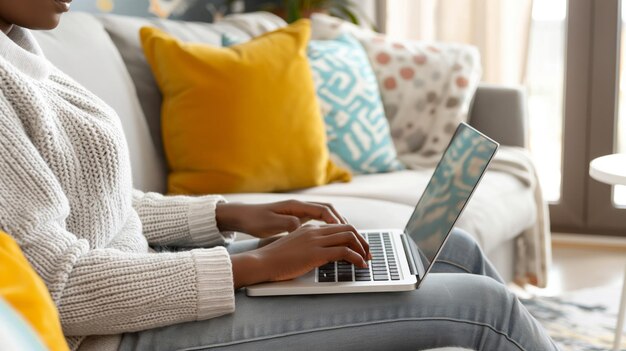 Zbliżony widok rąk osób pracujących na laptopie, siedzących wygodnie na kanapie z dekoracyjnymi poduszkami