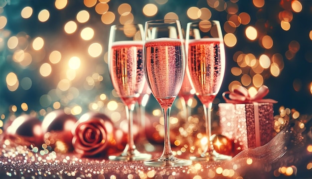 Zbliżony widok różowych szklanek do szampana
