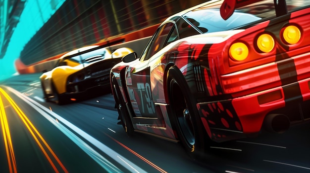 Zdjęcie zbliżony widok szybkich samochodów, żywe kolory i zdeterminowani kierowcy, wyścigowa gra wideo