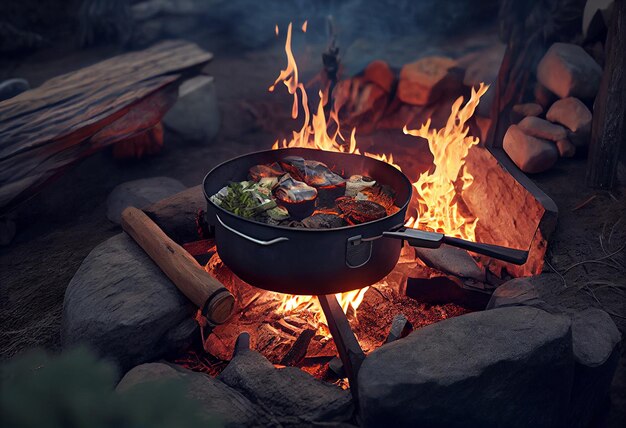 Zdjęcie zbliżony widok z góry na wieprzowinę i szpilki mięsne grillowane na grillu na plaży