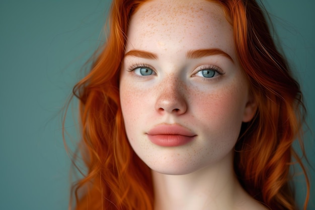Zbliżony zdjęcie ładnej dziewczyny czerwonowłosy z piegi izolowane stałe tło