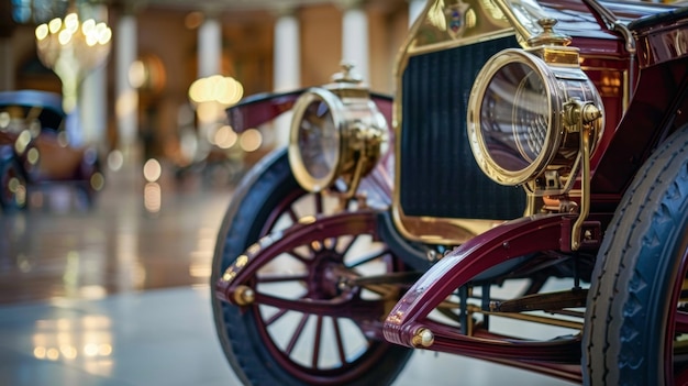 Zdjęcie zbliżony zdjęcie starożytnego samochodu przywróconego do dawnej chwały i dumnie wystawionego w muzeum
