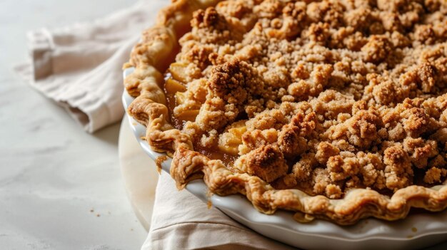 Zdjęcie zbliżony zdjęcie streusel topped apple pie na czystej białej powierzchni