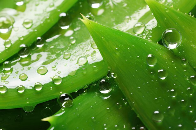 Zbliżony zielony liść aloe vera z wieloma kropelami wody