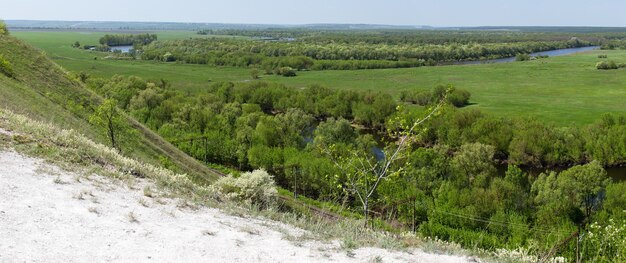Zbocze wzgórza doliny rzeki Don w centralnej części Rosji. Widok z góry na wiosenną łąkę z trawą i stawem.