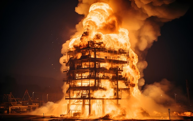 Zbombardowany silos zbożowy zawierający wciąż płonące zboże