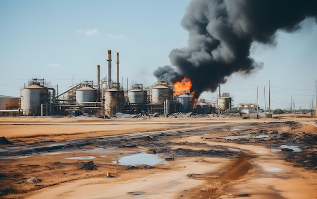 Zbombardowany silos zbożowy zawierający wciąż płonące zboże