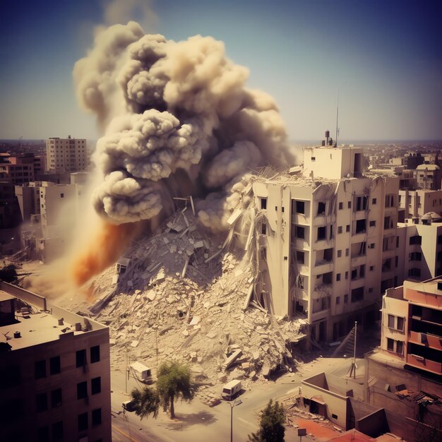 Zbombardowany zniszczony budynek z gruzami w konflikcie Gaza Palestyna Izrael lub Rosja Zniszczenie wojenne