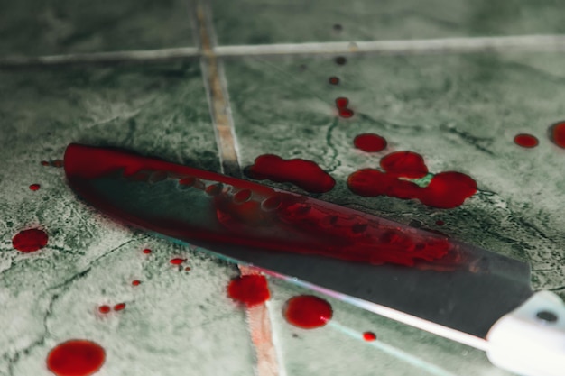 Zbrodnia Zbliżenie na ostrze dużego ostrego noża kuchennego z krwią Broń leży na podłodze wyłożonej zielonymi płytkami Pojęcie przemocy i morderstwa