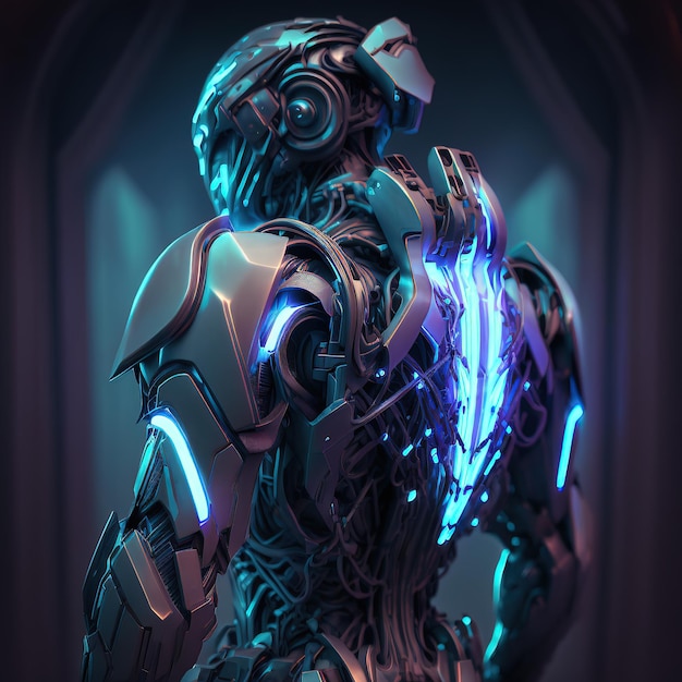 Zbroja egzoszkieletu robota Scifi z ludzkim operatorem wewnątrz robota z neonową poświatą ilustracją 3d