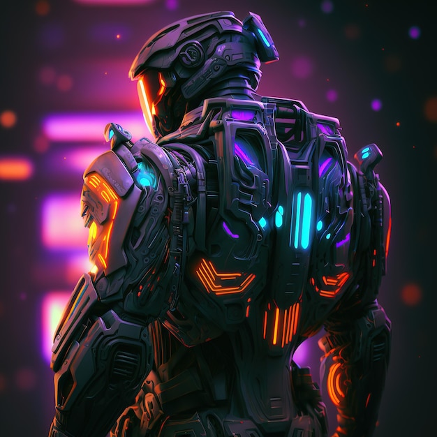 Zbroja egzoszkieletu robota Scifi z ludzkim operatorem wewnątrz robota z neonową poświatą ilustracją 3d