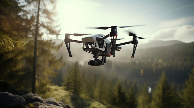 zdalnie sterowany dron lata nad lasem z drzewami na tle