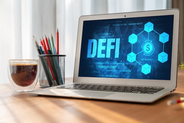 Zdecentralizowane finanse lub koncepcja DeFi na modnym ekranie komputera