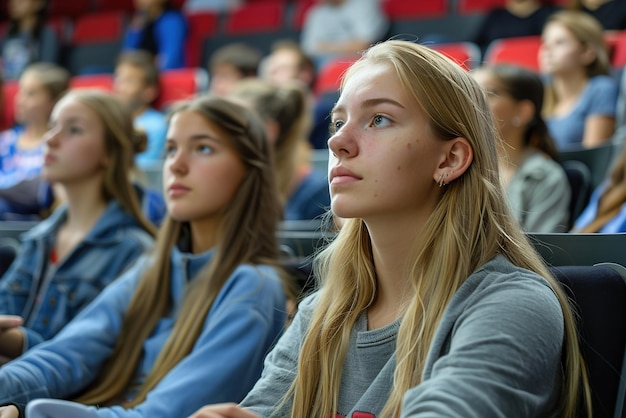 Zdecydowana osoba uczestnicząca w wykładzie, robiąca notatki w otoczeniu kolegów z klasy w ruchliwym mieście