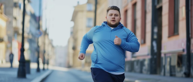 Zdecydowany mężczyzna biegający po ulicach miasta, ucieleśnienie poświęcenia zdrowiu.