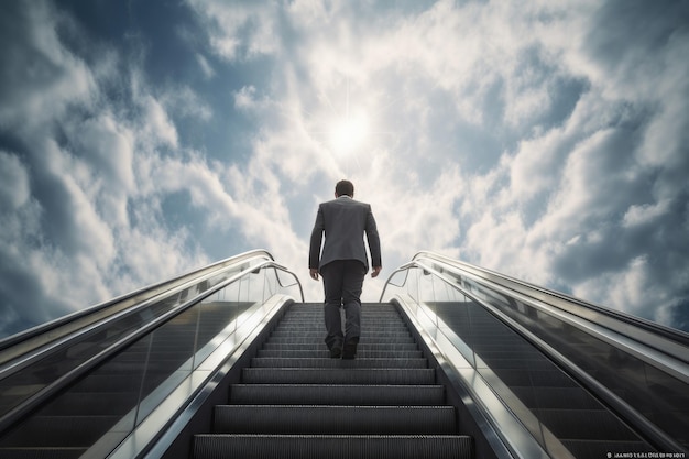 Zdecydowany mężczyzna wspina się po schodach, dążąc do nieograniczonych możliwości nieba. Niski kąt widoku biznesmena poruszającego się po ruchomych schodach na chmurnym niebie w mieście.