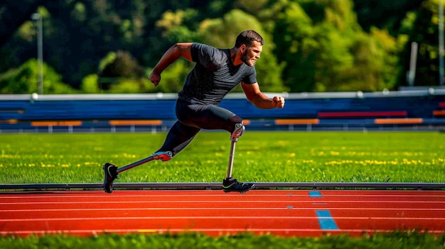 Zdecydowany sportowiec biegnie na torze z protezą