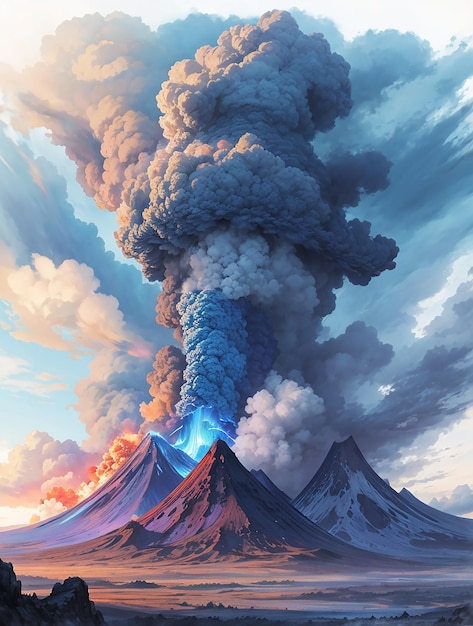 Zdefiniowany niebieski wulkan wybuchający w niebo w tle i nadający mu imponujący kolor irysów