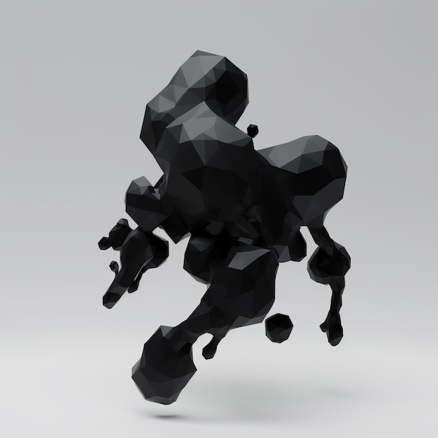 Zdeformowana czarna postać w abstrakcyjnym renderowaniu 3D na szarym tle