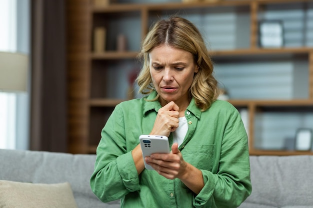 Zdenerwowana starsza kobieta siedząca na kanapie w domu i trzymająca telefon patrzy z niepokojem na ekran