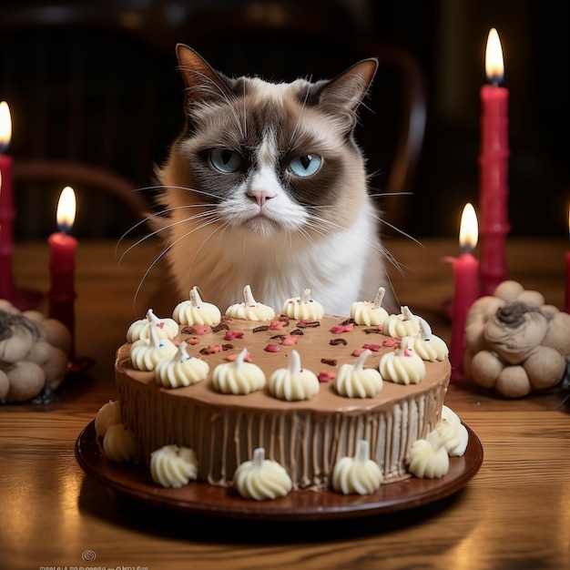 Zdenerwowany kot siedzi obok ciasta urodzinowego.