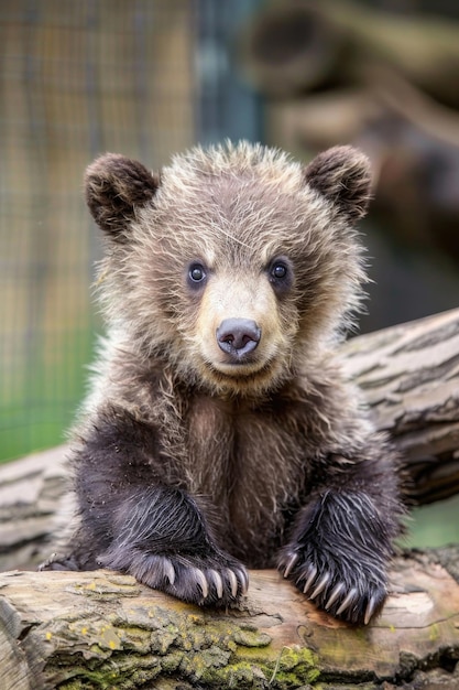 Zdenerwowany szczeniak grizzly z gniewnym wyrazem twarzy i dużymi, puszystymi łapami