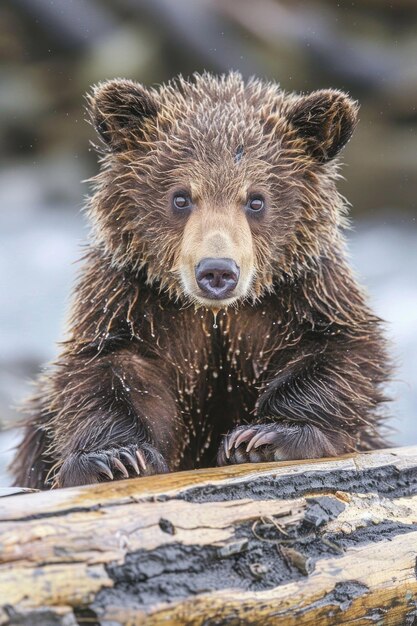 Zdjęcie zdenerwowany szczeniak grizzly z gniewnym wyrazem twarzy i dużymi, puszystymi łapami