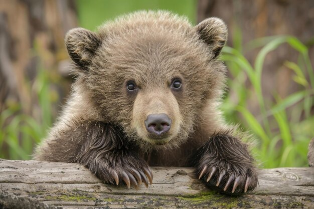 Zdenerwowany szczeniak grizzly z gniewnym wyrazem twarzy i dużymi, puszystymi łapami