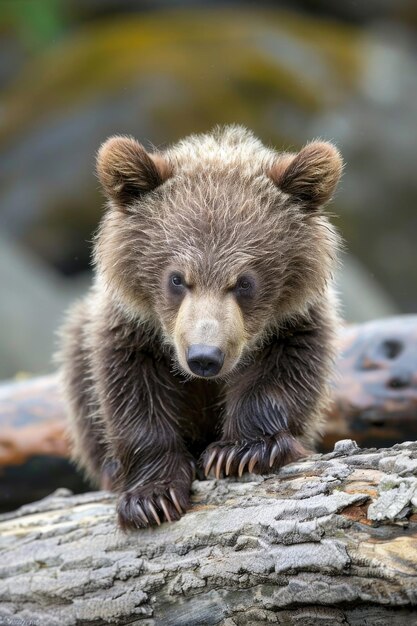 Zdenerwowany szczeniak grizzly z gniewnym wyrazem twarzy i dużymi, puszystymi łapami