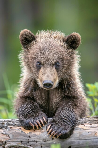 Zdenerwowany szczeniak grizzly z gniewnym wyrazem twarzy i dużymi, puszystymi łapami