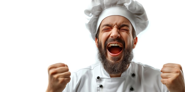 Zdenerwowany szef kuchni w białym kapeluszu krzyczy na izolowanym białym tle.