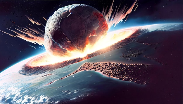 Zderzenie asteroidy i Ziemi Apocalipsys i koncepcja armageddonu AI wygenerowała ilustrację