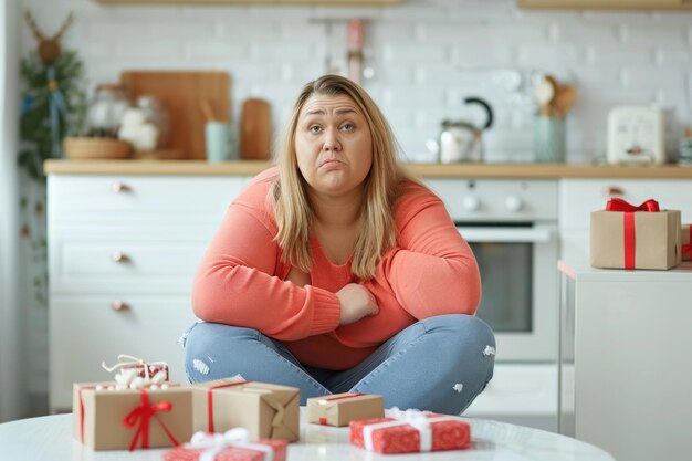 Zdesperowana lub zdenerwowana kobieta z nadwagą siedząca na jasnym nowoczesnym stole kuchennym z słodkimi paczkami leżącymi na nim