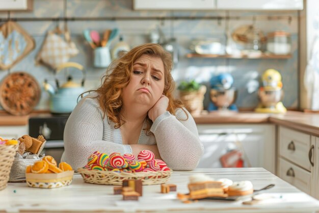 Zdesperowana lub zdenerwowana kobieta z nadwagą siedząca na jasnym nowoczesnym stole kuchennym z słodkimi paczkami leżącymi na nim