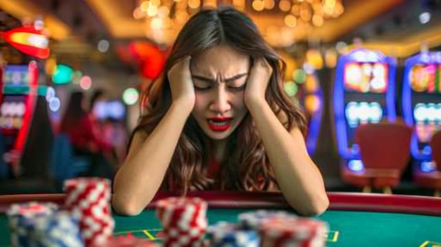 Zdesperowana młoda kobieta, która straciła dużo pieniędzy w kasynie.
