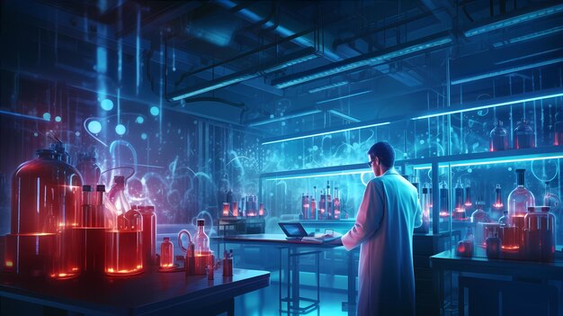 Zdeterminowany naukowiec prowadzący eksperymenty w futurystycznym laboratorium otoczonym najnowocześniejszą technologią Generative ai
