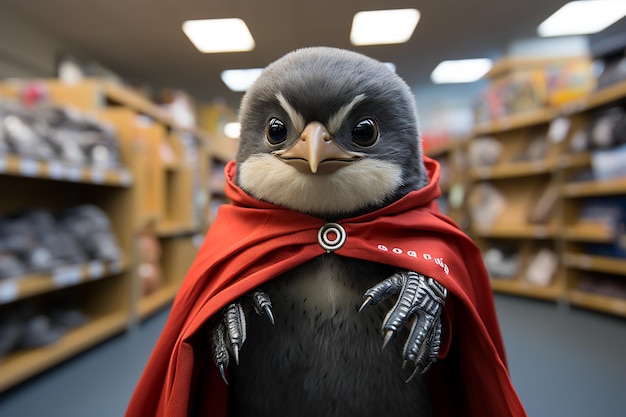 zdeterminowany pingwin w pelerynie superbohatera wygenerowany przez sztuczną inteligencję