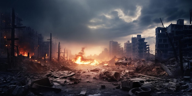 Zdewastowany krajobraz miejski z gruzami i ogniem w mieście Arafed ulepszony przez generatywną sztuczną inteligencję