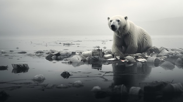 Zdjęcie zdezorientowany niedźwiedź polarny stoi w opuszczonym szarym świecie stopionego lodu i wody po globalnym ociepleniu