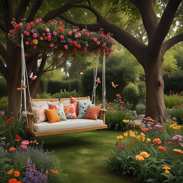 Zdjęcie zdjęcia letnich dni dla mediów społecznościowych letni dzień piękny widok na ogród letnie kwiaty zdjęcia z huśtawką