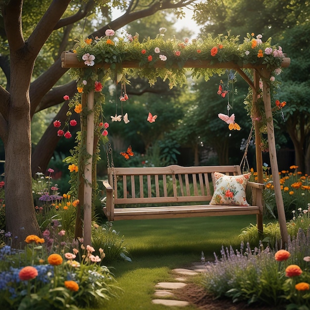 Zdjęcie zdjęcia letnich dni dla mediów społecznościowych letni dzień piękny widok na ogród letnie kwiaty zdjęcia z huśtawką