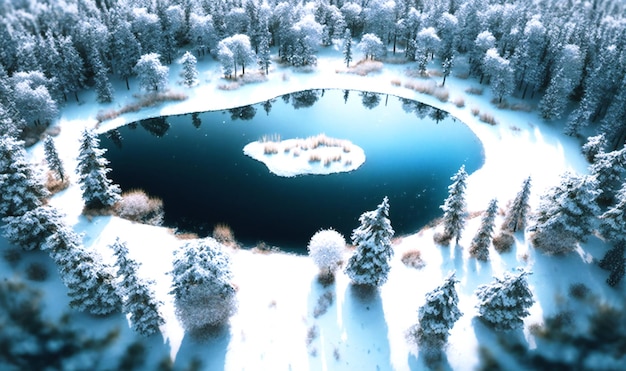Zdjęcia lotnicze pokrytego śniegiem lasu z zamarzniętym jeziorem