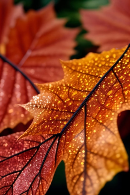 Zdjęcia makro jesiennych liści z gotowanymi kroplami wody